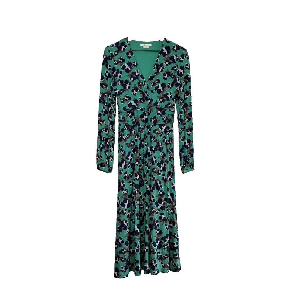 Boden Faux Wrap Dress Womens 4R Green Floral Jersey Midi Casual Office Workwear